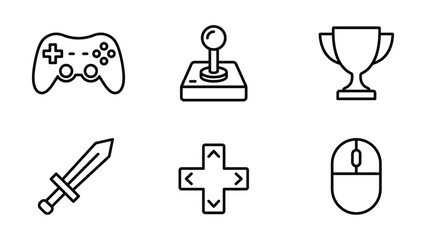 Set of game controller icons including gamepad joystick trophy cup sword directional pad computer mouse with game © rumonpix