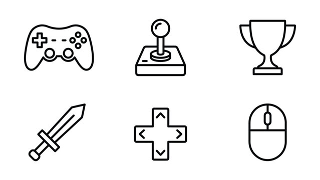 Set of game controller icons including gamepad joystick trophy cup sword directional pad computer mouse with game