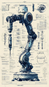 Technical exploded view industrial robot diagram present robot internals in exploded view, exploded view robot blueprint art.