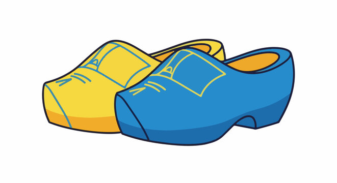 Two colorful clogs, one blue and one yellow, with decorative lines