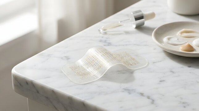 Transparent microneedle patch for facial skin care treatment resting on a marble surface in this high quality bright professional photograph captured with soft natural window lighting