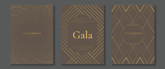 Fototapeta na wymiar Luxury invitation card background vector. Golden curve elegant, gold lines gradient on dark color background. Premium design illustration for gala card, grand opening, party invitation, wedding.