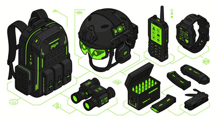 Isometric Futuristic Military Tactical Gear Set, Cyberpunk Special Forces Equipment with Green Neon Accents. © Imroatul mutmainah