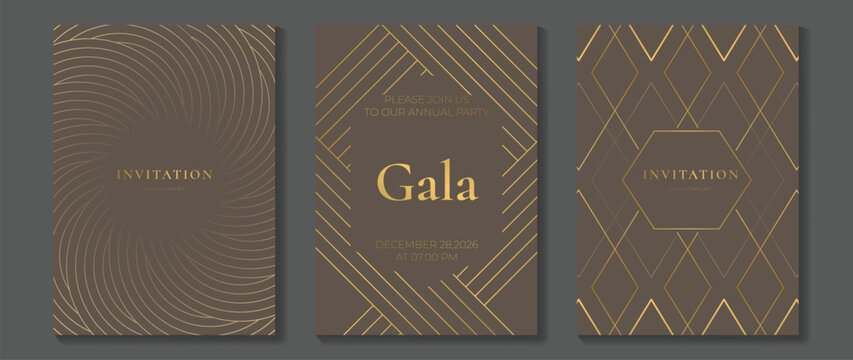 Luxury invitation card background vector. Golden curve elegant, gold lines gradient on dark color background. Premium design illustration for gala card, grand opening, party invitation, wedding.