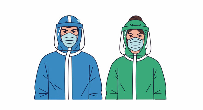 Two individuals in full protective suits, masks, and face shields