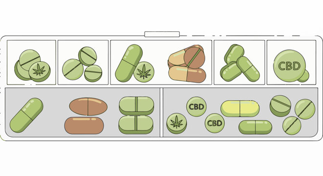 Various capsule and tablet forms, some with leaf symbols, others labeled CBD