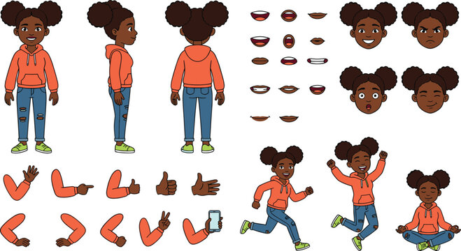 Cute Girl Character Creation Kit with Editable Facial Expressions, Gestures, and Cartoon Body Parts for Vector Illustration Designs