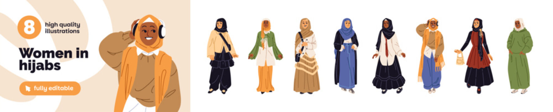 Islamic women in hijabs set. Happy Muslim girls are wearing scarves on head and fashion clothes. Arabs, moslems with headscarves. Flat isolated vector illustrations on white background