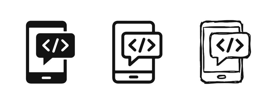 Mobile app development icon, coding on smartphone symbol