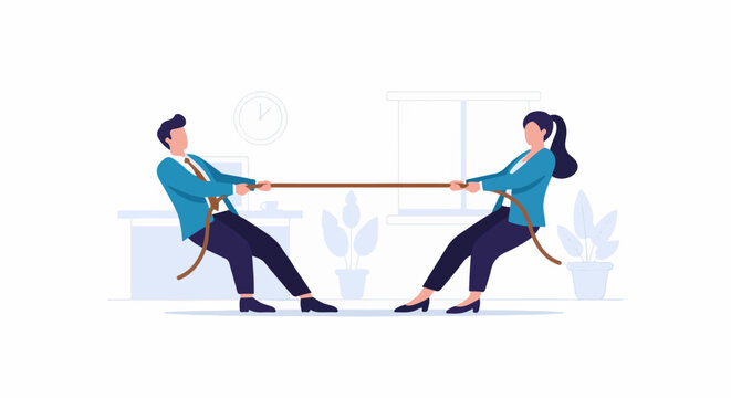Two business professionals locked in a tug-of-war, symbolizing conflict or competition