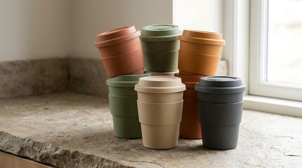 Naklejka premium A collection of reusable coffee cups in various muted earth tones is arranged neatly on a stone countertop inside this bright and naturally lit kitchen photo