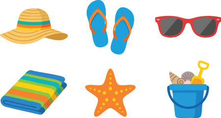 Colorful beach items with sun hat starfish and bucket with sand shovel © Cansu