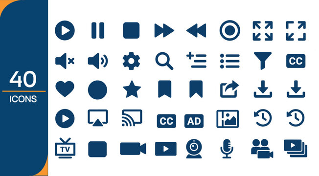 40 piece icon set for media playback and social media applications