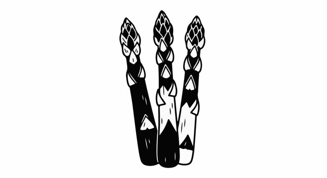 Three black and white stalks of asparagus with pointed tops