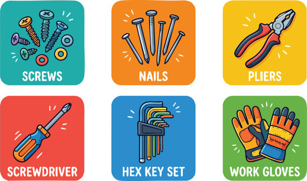 Colorful tool icons screws nails pliers screwdriver hex key set and work gloves