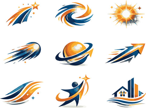 Abstract Business Success Logo Set with Star Swirl Rocket Planet Arrow Growth and Real Estate Icons in Blue and Orange Vector Collection

