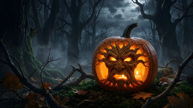 Spooky carved pumpkin with a face glowing in a dark, eerie forest at night, perfect for Halloween