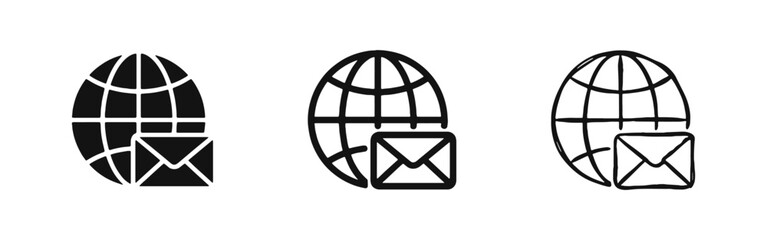 Obraz premium Global Mail Icon Set - World Globe and Envelope Symbols in Solid, Outline, and Sketch Styles