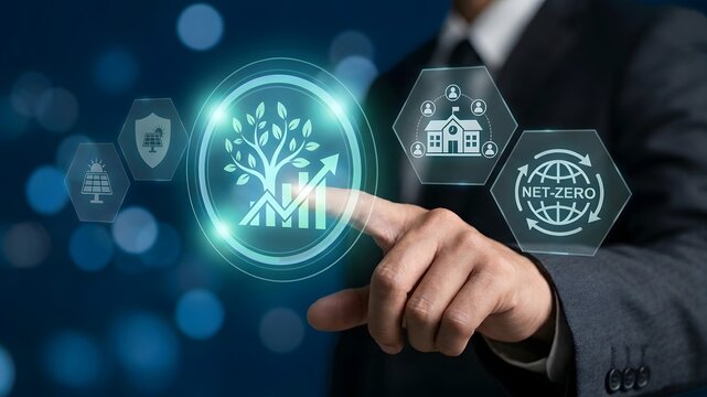 Businessman analyzing sustainable growth and green energy digital interface, renewable power sources, smart city integration, and global environmental conservation strategy
