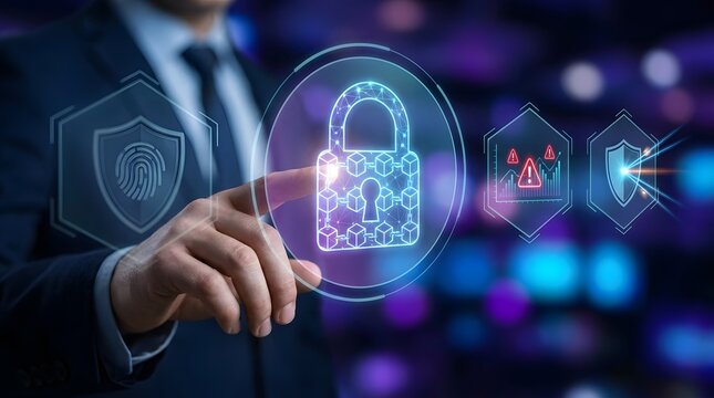 Business professional managing cybersecurity and blockchain data protection through a futuristic digital interface, featuring biometric authentication, threat monitoring, and active defense systems