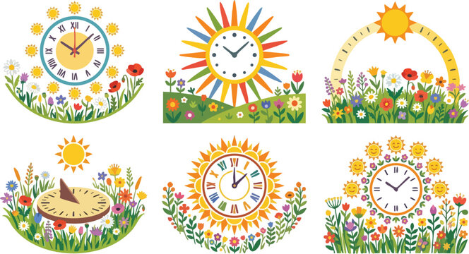 Colorful sun themed clocks with floral garden and roman numerals vector art