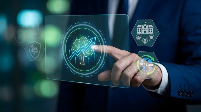 Businessman analyzing sustainable growth and green energy digital interface, renewable power sources, smart city integration, and global environmental conservation strategy
