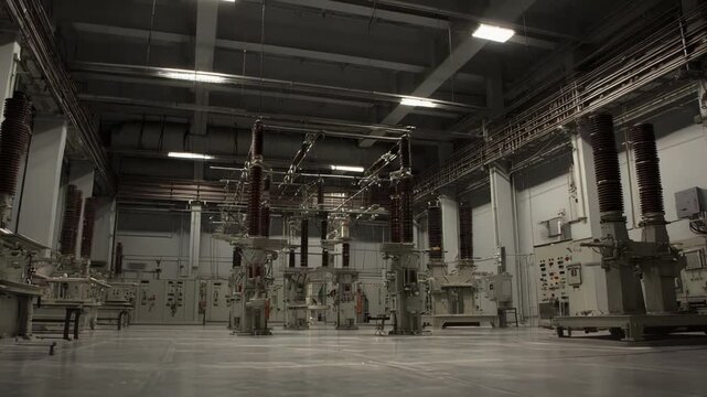 Electrical substation interior featuring multiple high voltage circuit breakers and control panels, ensuring reliable power transmission and distribution within the facility