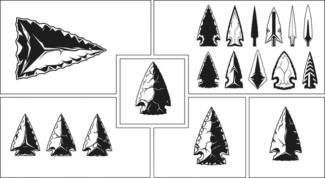 Set of ancient arrowhead icons native american flint stone points and prehistoric weapon heads isolated on white background