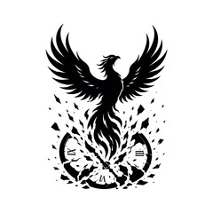 Fototapeta premium Black silhouette of a rising phoenix bird emerging from a shattered clock face on a white background