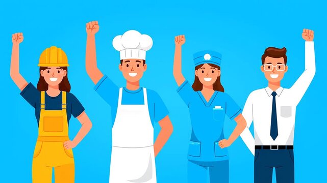 Professionals Triumph Celebration Scene Bright Blue Background