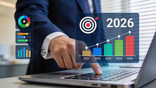 2026 business target goal planning, strategic roadmap visualization, annual revenue forecast chart, data analytics dashboard, future projection graph, corporate objective setting,