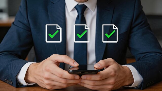 Man in suit holding smartphone with verified checklist icons, approved documents status, task completion confirmation, administrative workflow approval and legal agreement signing