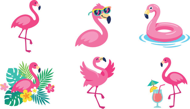 Pink flamingo collection with sunglasses tropical flowers and cocktail flat vector art