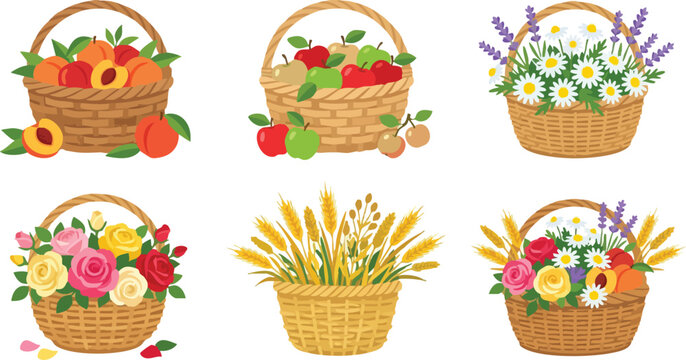 Colorful baskets with fruit roses flowers and wheat flat vector art set