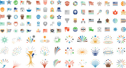 Naklejka premium American independence day icons set with flags fireworks and patriotic symbols