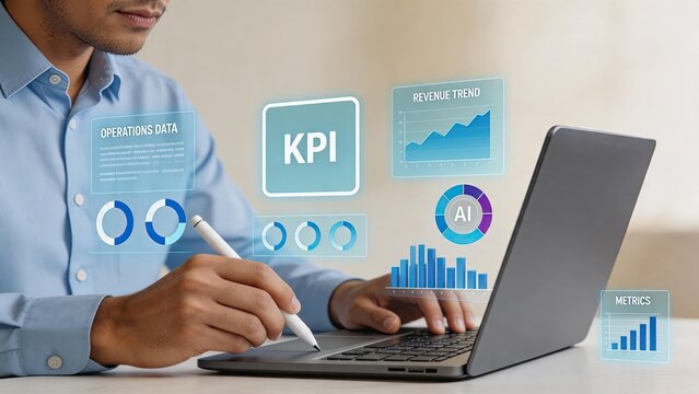 Business analyst reviewing key performance indicators and revenue trend charts on laptop, analyzing operations data and metrics for strategic decision making and financial growth