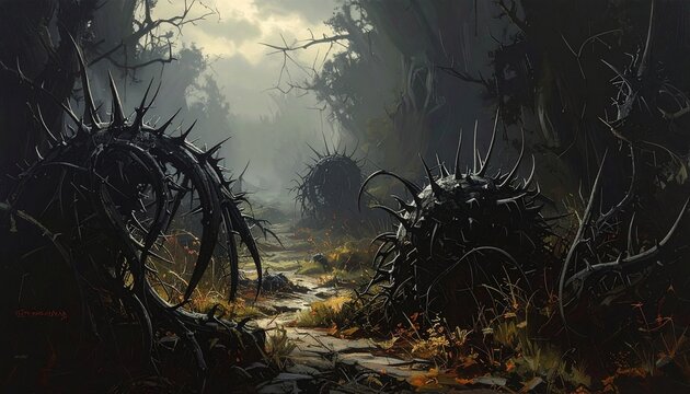 A mysterious landscape filled with wild thorny plants, their long black thorns curling like claws. The plants appear almost alive, spreading across the ground under a dim, foggy sky. Dark fantasy atmo
