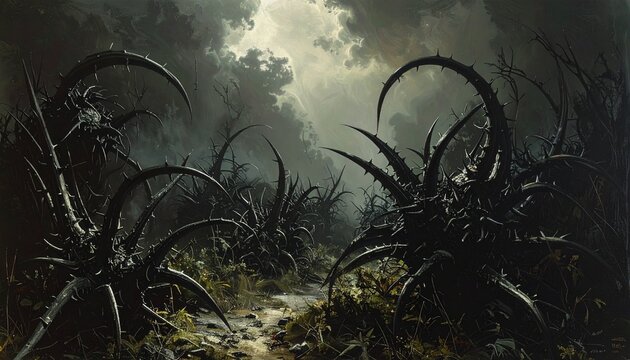 A mysterious landscape filled with wild thorny plants, their long black thorns curling like claws. The plants appear almost alive, spreading across the ground under a dim, foggy sky. Dark fantasy atmo