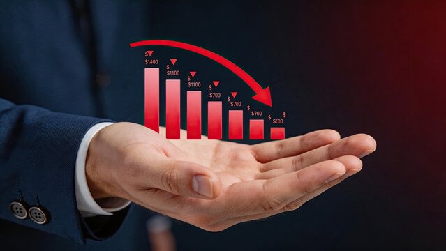 Businessman hand holding red bar graph with downward arrow indicating financial loss, stock market crash, economic recession, debt crisis and decreasing revenue or profit decline