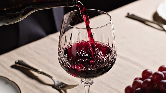 Pouring rich red wine into a crystal glass with grapes