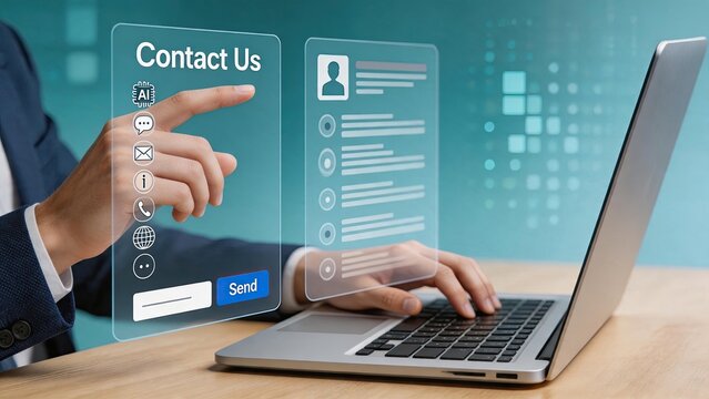 Businessman using futuristic holographic contact us interface on laptop, AI technology concept for customer support and digital communication in modern office environment.