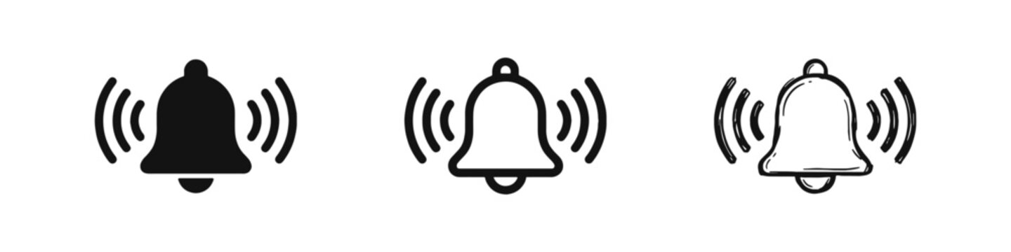 Notification bell icon set with sound waves in three graphic styles for web and mobile alerts
