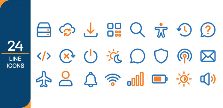 24 blue line icons set communication system and user interface elements