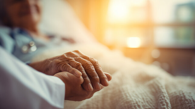 Close-up of a kind female doctor holding the hand of an elderly patient in a bright hospital room with warm morning light, showing authentic medical care and emotional support.