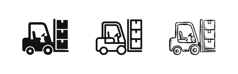Forklift truck icon set with cargo boxes in three styles for warehouse logistics and distribution © drawing lines