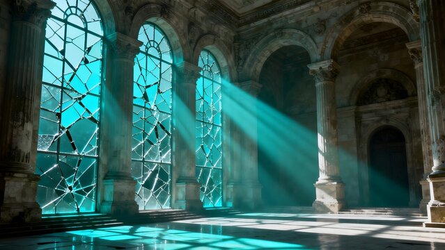 Sunlight streaming through shattered windows in an ornate hall