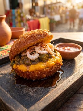 Traditional Brazilian acaraje black eyed pea fritter split open with vatapa caruru dried shrimp dend&ecirc; oil Bahia street food