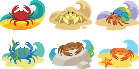 Fototapeta premium Colorful cartoon crab collection with beach waves and starfish vector art