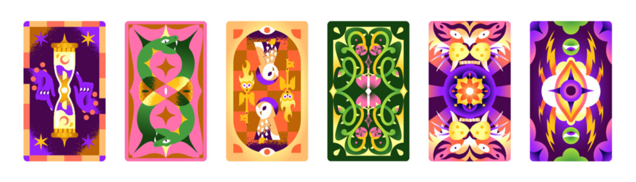 Designs of tarot set. Colourful templates of cards backs with abstract geometric shapes and esoteric symbols. Magic characters and different mystical signs on layouts. Flat vector illustrations