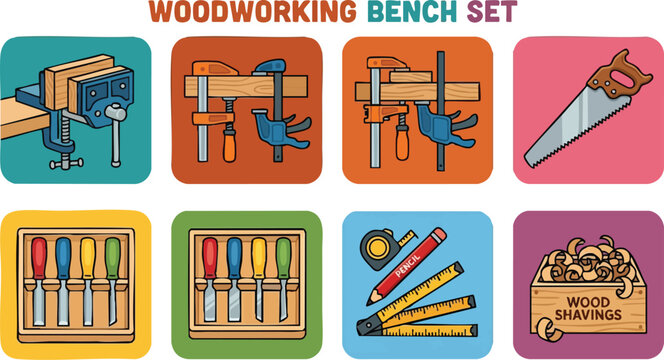 Colorful woodworking bench set with vise clamps saw chisels and measuring tools vector art